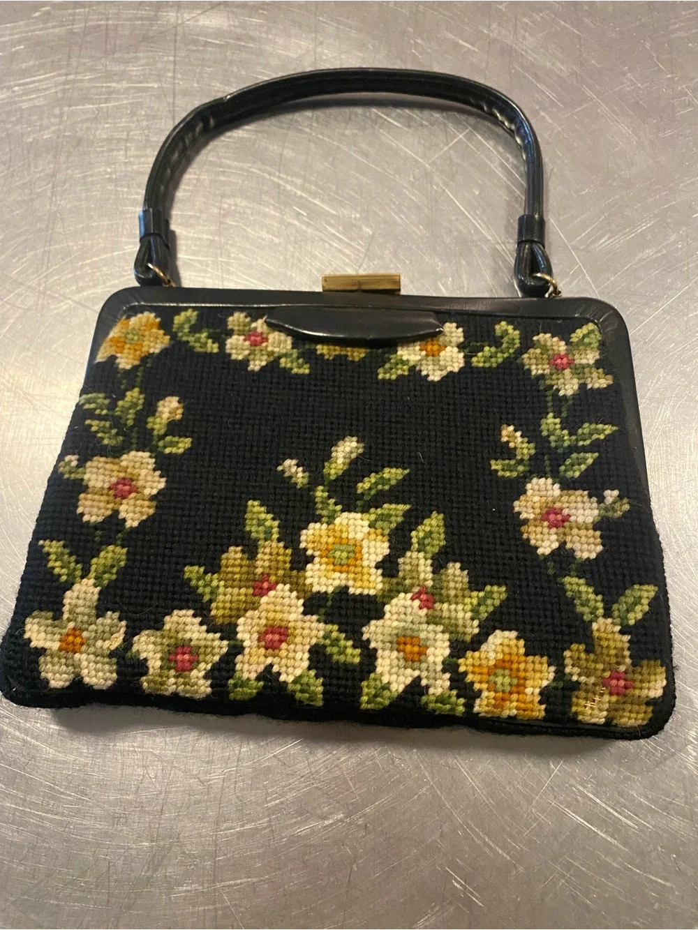 Vintage Floral Needlepoint Top-Handle Bag in Black and Cream